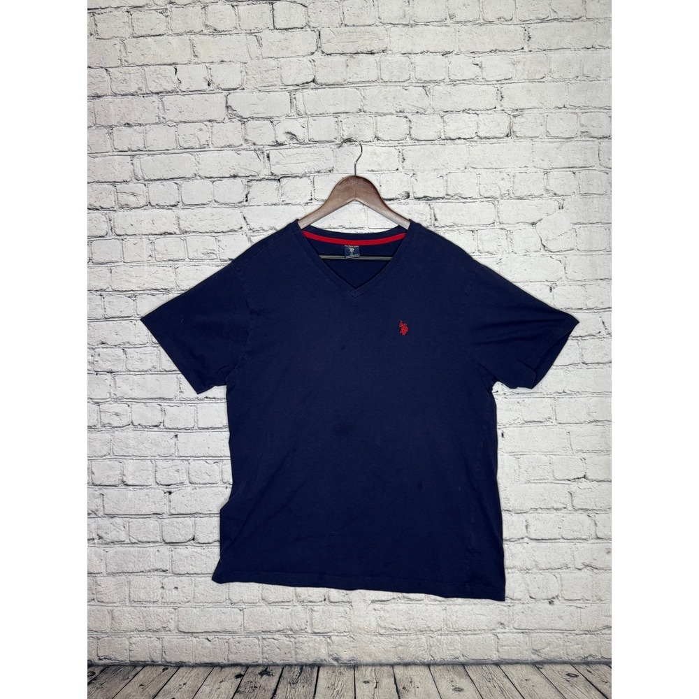US Polo Assn V Neck T Shirt Navy Blue Red Logo Mens XL